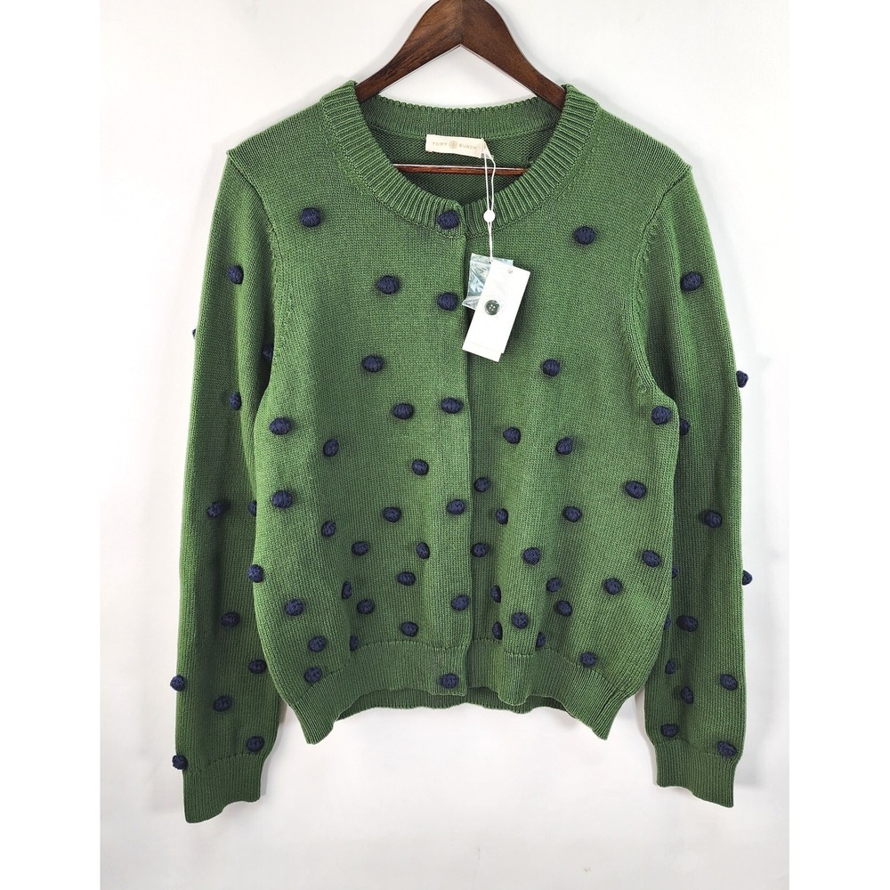 Tory Burch Sweater Womens Xl Hand-Crochet Bauble Cardigan Equestrian Green $398
